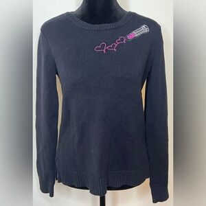 Maison Jules lipstick and heart black knit sweater. Split hem. Size small. EUC